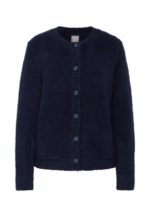 Navy blue knitted cardigan with a round neckline, five buttons, two front pockets, and a textured, soft fabric finish.