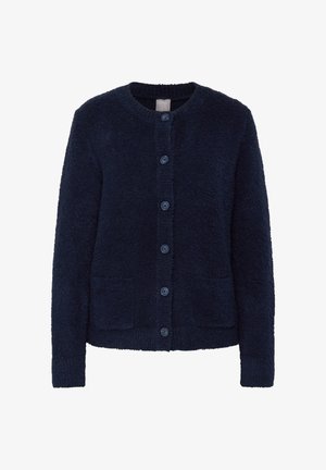 Navy blue knitted cardigan with a round neckline, five buttons, two front pockets, and a textured, soft fabric finish.