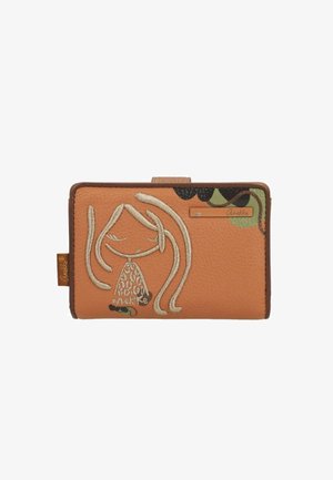 Portafoglio in pelle color cuoio con volto ricamato di una ragazza con occhi chiusi, capelli fluenti, dettagli floreali e una piccola targhetta con il logo "Anekke".