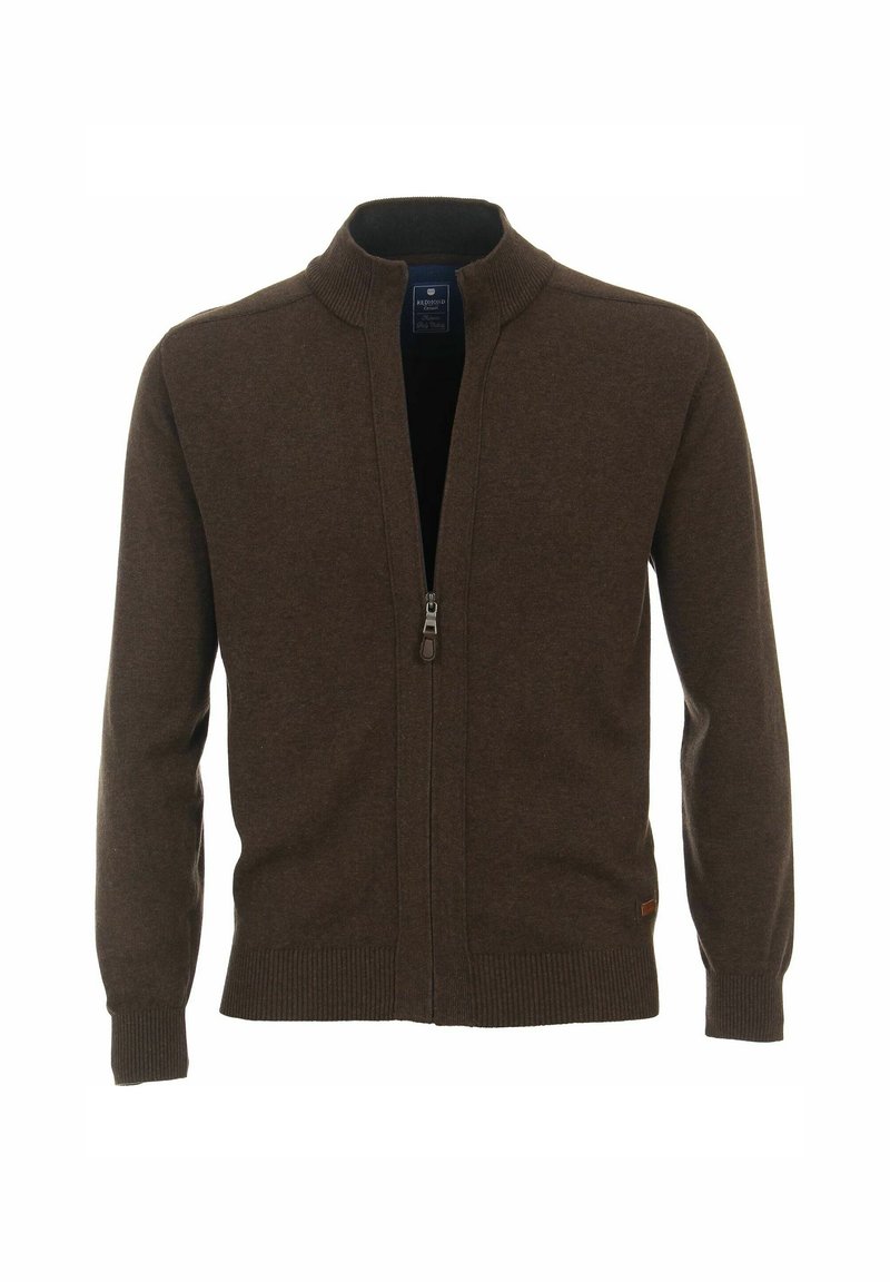 Brązowy kardigan zapinany na zamek, wykonany z miękkiego materiału, z wysokim kołnierzem, prążkowanymi mankietami i dołem, z małą metką logo na dolnej stronie.
