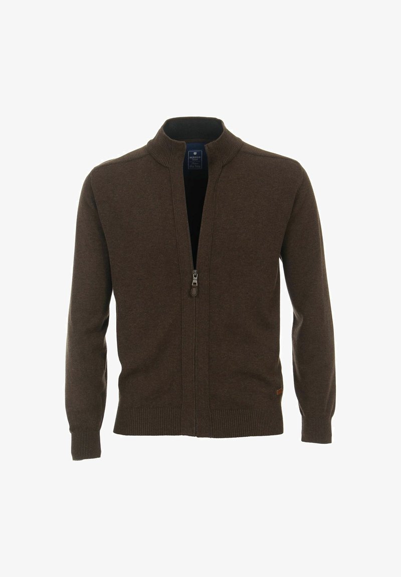 Brązowy kardigan zapinany na zamek, wykonany z miękkiego materiału, z wysokim kołnierzem, prążkowanymi mankietami i dołem, z małą metką logo na dolnej stronie.