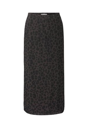 Jupe midi en imprimé léopard noir avec une coupe droite et une texture lisse. Conçue avec une taille élastique et un éclat subtil.