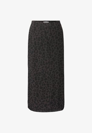 Black leopard print midi skirt with a straight cut and smooth texture. Designed with an elastic waistband and subtle sheen.