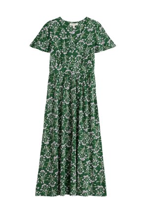 Vestido midi verde con mangas cortas y un patrón floral en rosa y blanco, con escote en V y cintura fruncida.