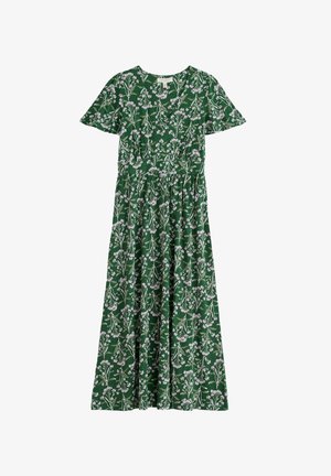 Vestido midi verde con mangas cortas y un patrón floral en rosa y blanco, con escote en V y cintura fruncida.