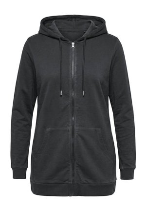 Schwarzes langärmliges Sweatshirt mit Kapuze und Reißverschluss, Vordertaschen und Kordelzug an der Kapuze, für die Freizeit gedacht.