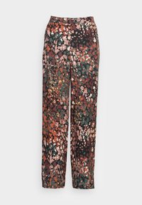 Bloemmotief wijde broek in rijke tonen van groen, bordeaux, roze en goud, met een elastische tailleband voor comfort.