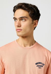 Vaaleanpunainen pitkähihaisen t-paita, joka on valmistettu puuvillasta. Siinä on tummansininen brodeerattu logo vasemmalla rinnalla, pyöreä kaula-aukko ja sileä rakenne.