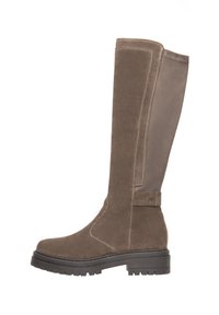 Knee-high brown suede boots with a smooth side panel and textured accents. Features a thick rubber sole for traction.