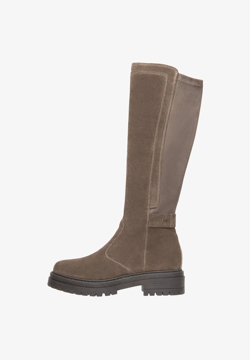 Knee-high brown suede boots with a smooth side panel and textured accents. Features a thick rubber sole for traction.