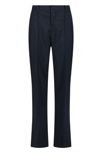 Námořnické kalhoty s pruhovaným vzorem vyrobené z hladké látky, s přizpůsobeným střihem, rovnými nohavicemi a poutky na pásek, s čistým, minimalistickým designem.
