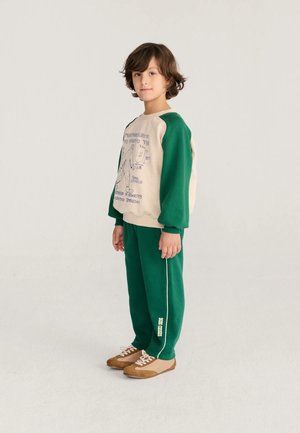 Enfant aux cheveux bruns debout portant un sweat-shirt beige et vert avec des illustrations, un pantalon vert avec une bande blanche et des chaussures marron.