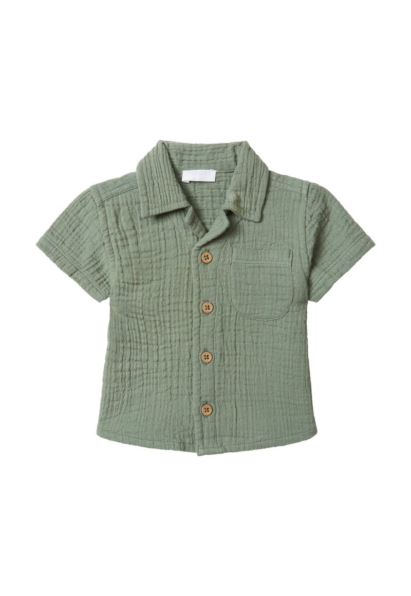 Chemise à manches courtes, boutonnière, en vert clair, fabriquée en coton texturé. Elle présente un col, une poche avant et des boutons en bois.