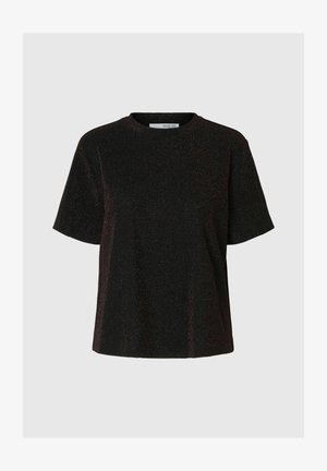 Svart kortärmad topp i ribbad tyg med subtil metallisk glans. Har rund halsringning och avslappnad passform. Inga synliga mönster eller detaljer.