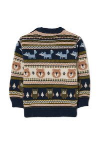 Maglione lavorato a maglia con un motivo animale colorato, principalmente blu navy e beige, con illustrazioni di orsi, volpi e gufi in vari colori.