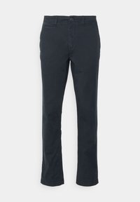 Dark navy chinos made of cotton blend. Features a flat front, two side pockets, and a button closure. Straight leg design.