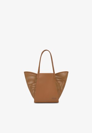 Borsa a mano marrone con pannelli laterali traforati, centro solido, due manici e logo "TOUS" sul pannello anteriore inferiore destro.