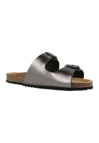 Infradito con una tomaia metallica argentata e due cinturini regolabili, dotati di un soletta in sughero e suola in gomma nera testurizzata.