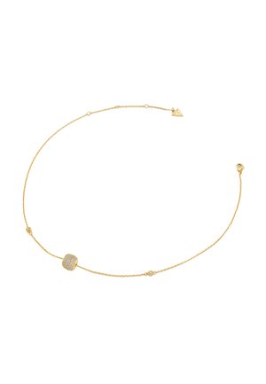 Collier délicat en chaîne d'or avec un petit pendentif rond incrusté de minuscules cristaux clairs et une fermeture à pince de homard.