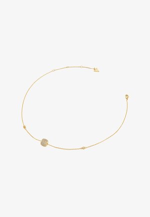 Fijne gouden ketting met een kleine ronde hanger bezet met kleine heldere kristallen en een sluiting met een kreeftklauw.