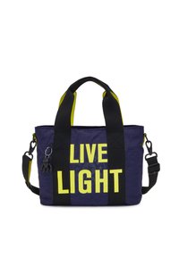 Granatowa torba z neonowymi żółtymi napisami "LIVE LIGHT", czarnymi ramiączkami i odpinanym charms'em. Posiada wyraźny kształt i trwały materiał.