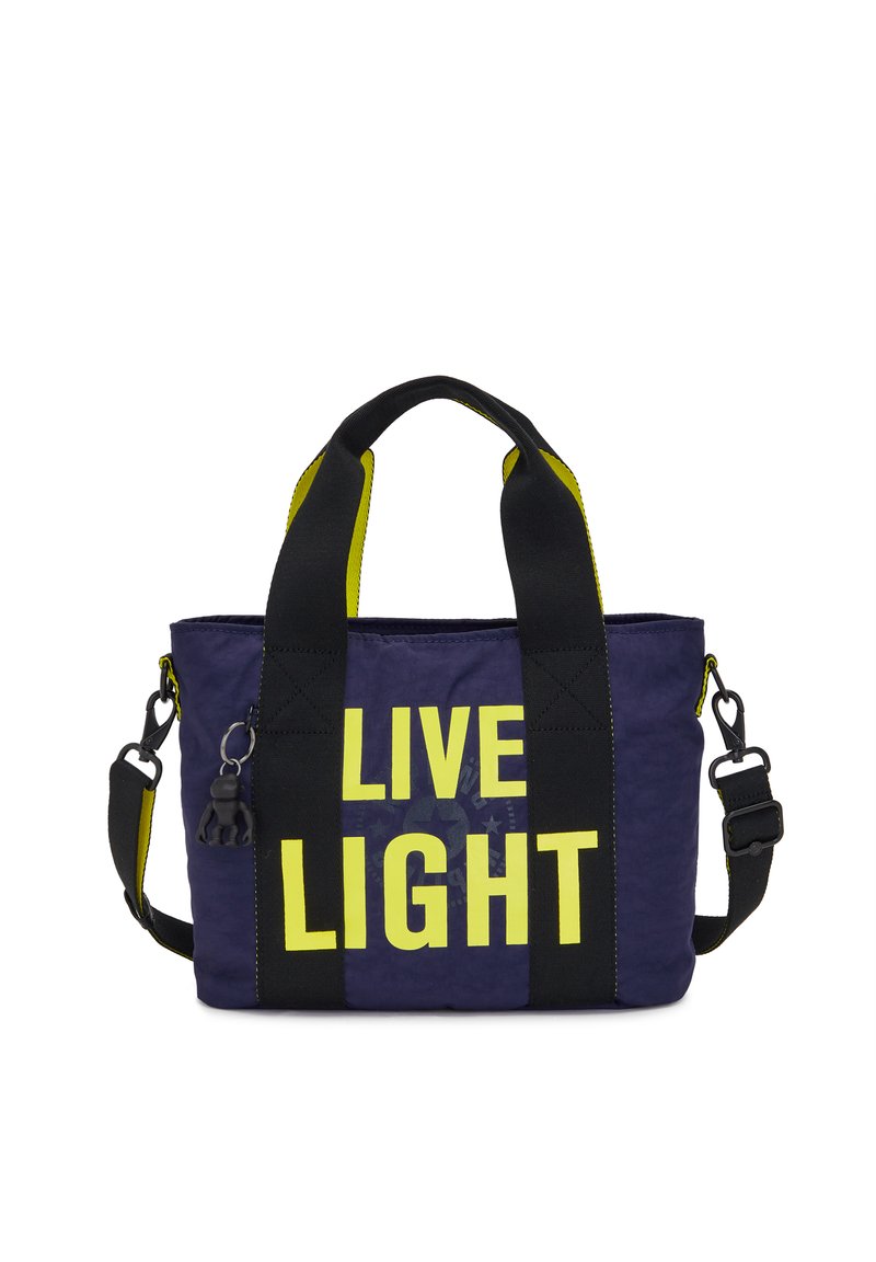 Granatowa torba z neonowymi żółtymi napisami "LIVE LIGHT", czarnymi ramiączkami i odpinanym charms'em. Posiada wyraźny kształt i trwały materiał.