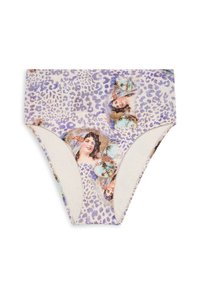 Bikiny spodná časť s leopardím vzorom v svetlofialovej farbe, s vintage portrétmi, hladkým materiálom a stredným pásom s vyrezanými stranami.