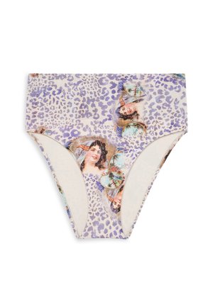 Bikiny spodná časť s leopardím vzorom v svetlofialovej farbe, s vintage portrétmi, hladkým materiálom a stredným pásom s vyrezanými stranami.