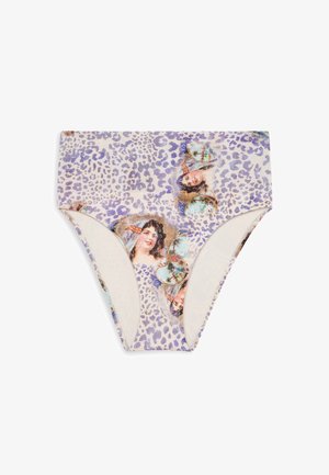 Bikiny spodná časť s leopardím vzorom v svetlofialovej farbe, s vintage portrétmi, hladkým materiálom a stredným pásom s vyrezanými stranami.