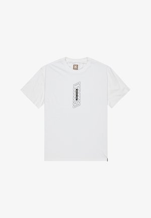 Biała bawełniana koszulka z krótkim rękawem, z czarnym graficznym logo w zakrzywionej czcionce na przodzie oraz okrągłym dekoltem.