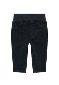 Tmavě modré kordové kalhoty s elastickým pasem, dvěma předními kapsami a rovnými nohavicemi. Hladký povrch, ležérní střih.