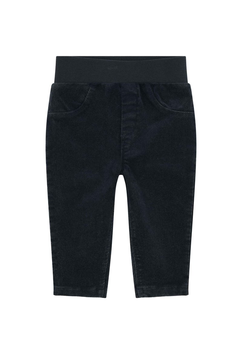Tmavě modré kordové kalhoty s elastickým pasem, dvěma předními kapsami a rovnými nohavicemi. Hladký povrch, ležérní střih.