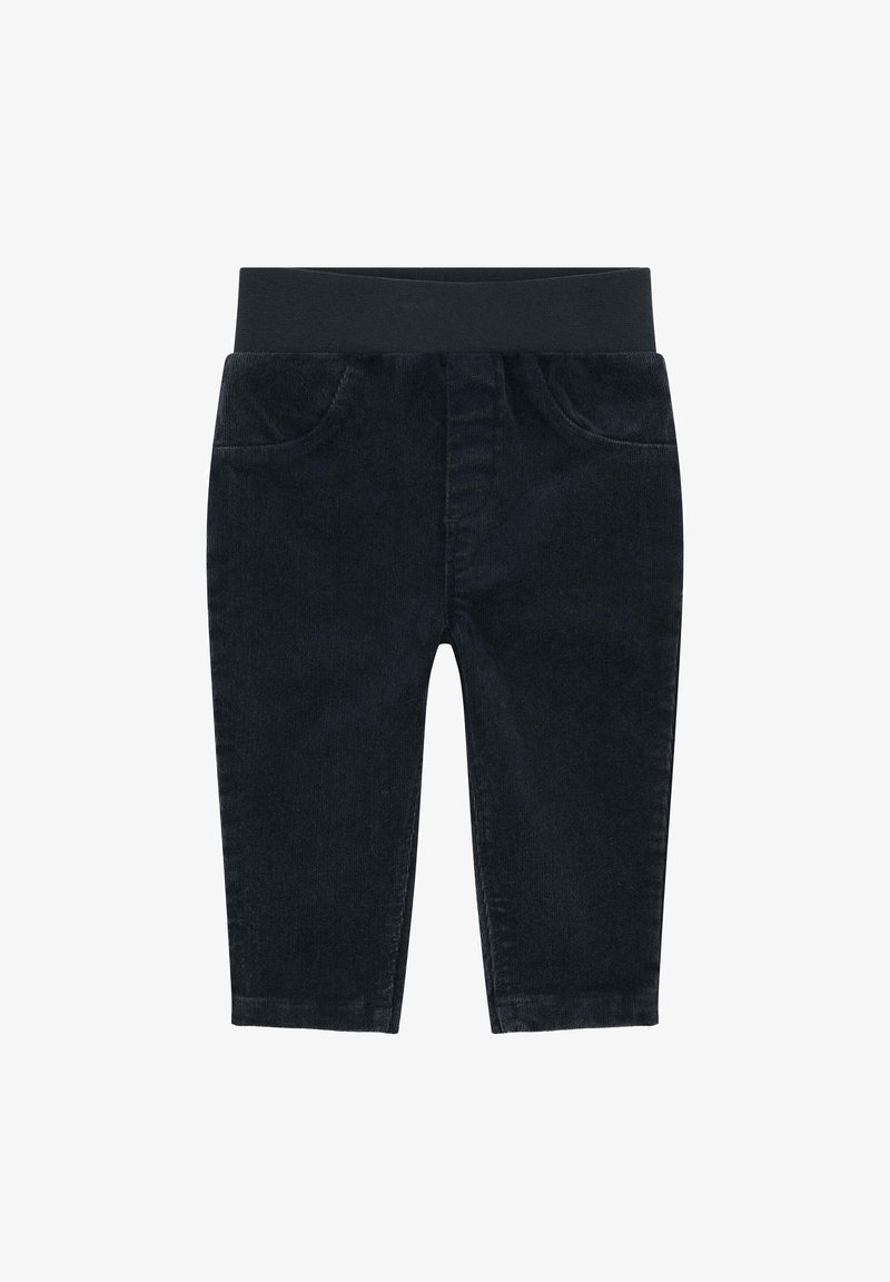 Tmavě modré kordové kalhoty s elastickým pasem, dvěma předními kapsami a rovnými nohavicemi. Hladký povrch, ležérní střih.