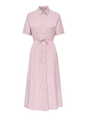 Hellrosa Midikleid mit kurzen Ärmeln, Knöpfen vorne, Tunnelzug in der Taille und spitzem Kragen.