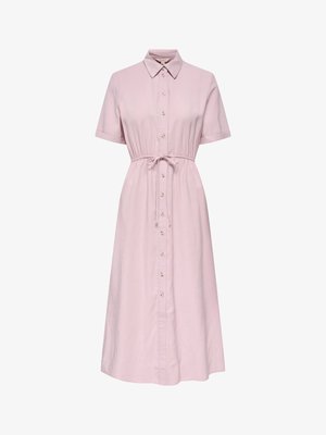 Hellrosa Midikleid mit kurzen Ärmeln, Knöpfen vorne, Tunnelzug in der Taille und spitzem Kragen.