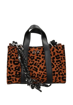 Piccola borsa rettangolare con stampa leopardata marrone e nera, manici neri e tracolla in corda nera con ferrature argentate.