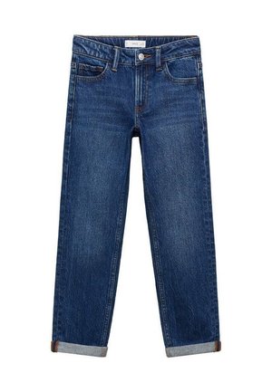 Tmavě modré džíny z denimu s rovným střihem, mají zapínání na knoflíky, pět kapes a vyhrnuté lemy pro ležérní vzhled.