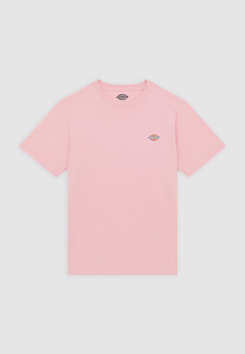 Roze katoenen T-shirt met korte mouwen, ronde hals en een klein, kleurrijk logo op de borst. Soepele textuur en eenvoudig ontwerp.