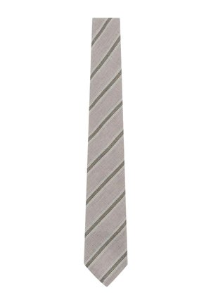 Corbata gris claro con rayas diagonales en gris oscuro y blanco, espaciadas uniformemente a lo largo de la tela.