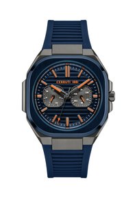 Cerruti 1881 hronogrāfa pulkstenis ar zilu silikona siksniņu, astoņstūra nerūsējošā tērauda korpusu, teksturētu zilu ciparnīcu un oranžiem akcentiem.