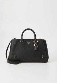 Borsa strutturata nera con finitura testurizzata, dettagli in metallo dorato, doppi manici superiori, tracolla removibile e un portachiavi decorativo.