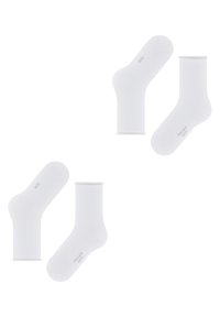 White cotton socks positioned in pairs, featuring a smooth texture and varying heights: ankle and crew length, with minimal branding detail.