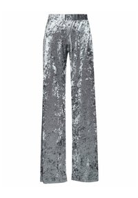 Pantaloni larghi in velluto argentato, caratterizzati da una consistenza liscia e una finitura lucida, con una comoda fascia in vita per un indossare facile.