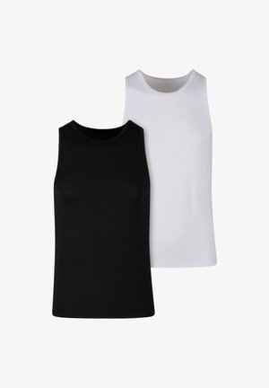 Due due top senza maniche, uno nero e uno bianco. Realizzati in tessuto morbido, con scollatura rotonda e finitura liscia.