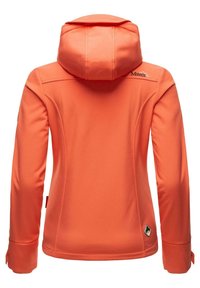 Veste à capuche orange vue de dos avec manches longues, détails de coutures et un petit logo près de l'épaule et du bas.