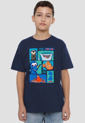 Navy blue cotton t-shirt featuring a colorful graphic of cartoon sea creatures in a grid layout, including an otter, fish, and an octopus.