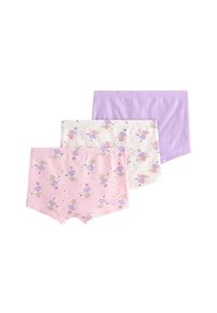 Trois paires de shorts en coton : une rose avec un motif animal, une blanche avec un motif animal, et une lavande unie. Tissu doux et extensible.