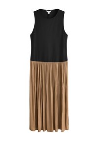 Sleeveless midi dress with a fitted black bodice and a pleated, loose tan skirt below the waist seam.