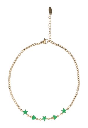 Aranylánc nyaklánc váltakozó zöld csillag és szív alakú medálokkal, állítható csattal és hosszabbító lánccal.