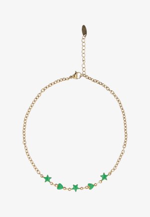 Colier din lanț auriu cu talismane alternante în formă de stea verde și inimă, prevăzut cu închizătoare reglabilă și lanț de extensie.